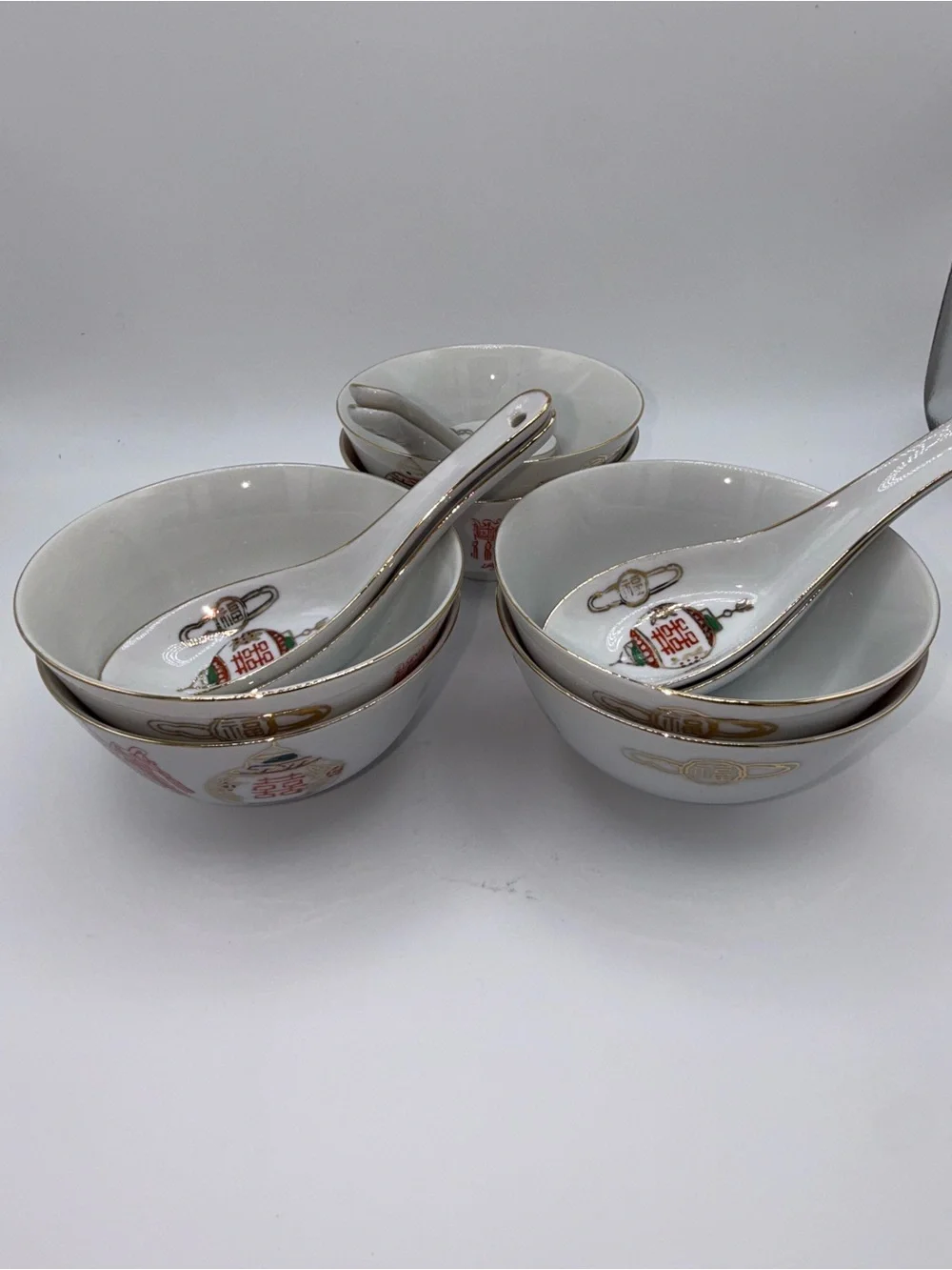 1960s Vintage Chinese Porcelain Bowl & Spoon-Set of 6